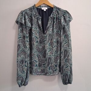 Evereve Ruffle Balloon Sleeve Paisley Blouse Size Medium Boho Office Feminine